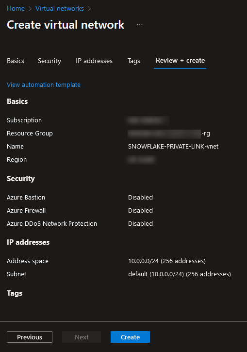 Create a virtual network - Review